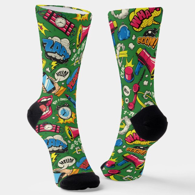 Comic Boom! Pop Art Personalised Green Socks (Angled)