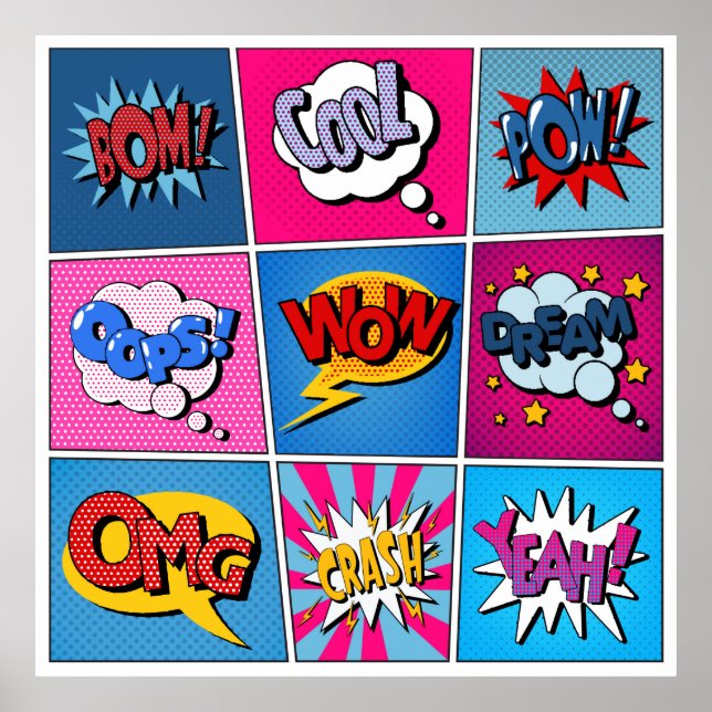 Comic Bubbles Set. Expressions Bom, Cool, Pow, Oop Poster (Front)