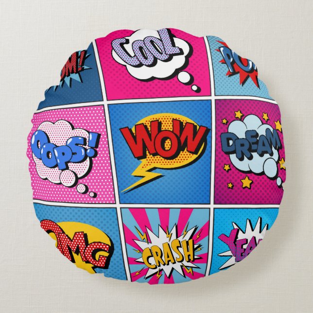 Comic Bubbles Set. Expressions Bom, Cool, Pow, Oop Round Cushion (Front)