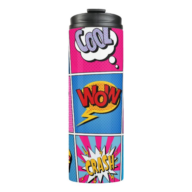 Comic Bubbles Set. Expressions Bom, Cool, Pow, Oop Thermal Tumbler (Front)