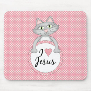 Comic Cat I Love Jesus Mousepad
