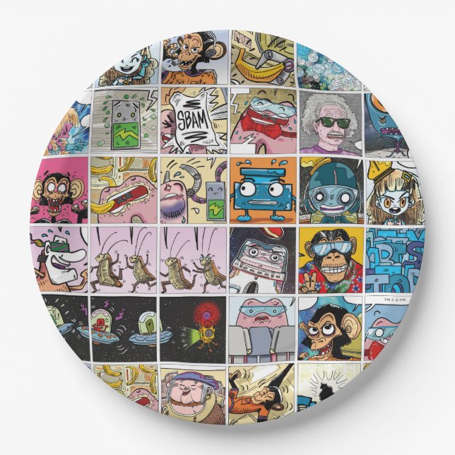 Comic Colourful Fun Characters Grid Pattern Paper  Plate (Front)
