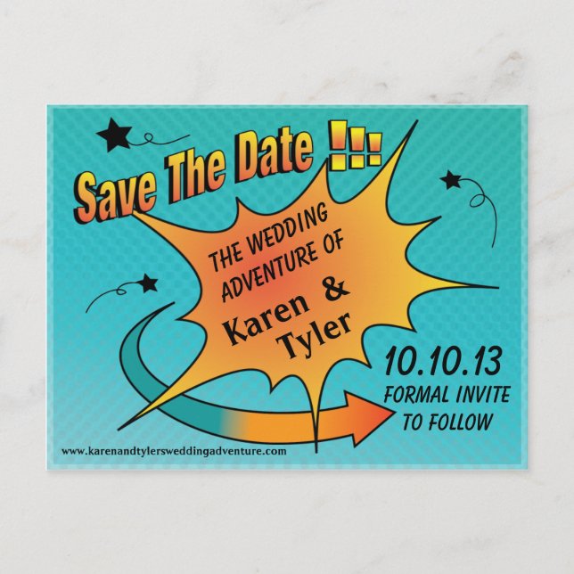 Comic Dot Save The Date Announcement Postcard (Front)