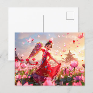 Comic Girl Aunt with Traditional Fan Holiday Postcard