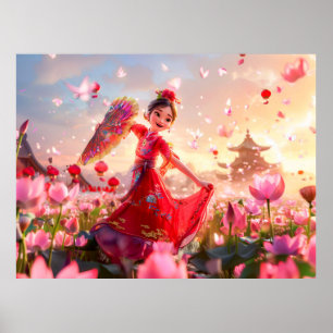 Comic Girl Aunt with Traditional Fan Poster