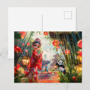 Comic Girl in Bamboo Forest with Panda Holiday Postcard
