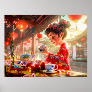 Comic Girl Serving Tea in Traditional Setting Poster