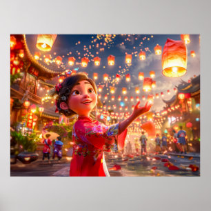 Comic Girl with Lanterns Celebrating Chinese New Y Poster
