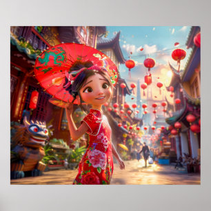 Comic Girl with Parasol in Sunny Scene Poster