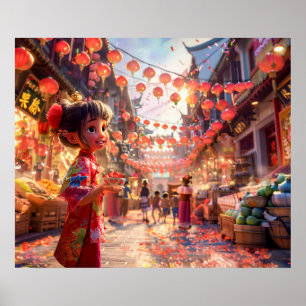 Comic Girl with Porcelain Bowl of Strawberries at Poster