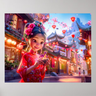 Comic Girl with Small Hand Dragon Fantasy Poster