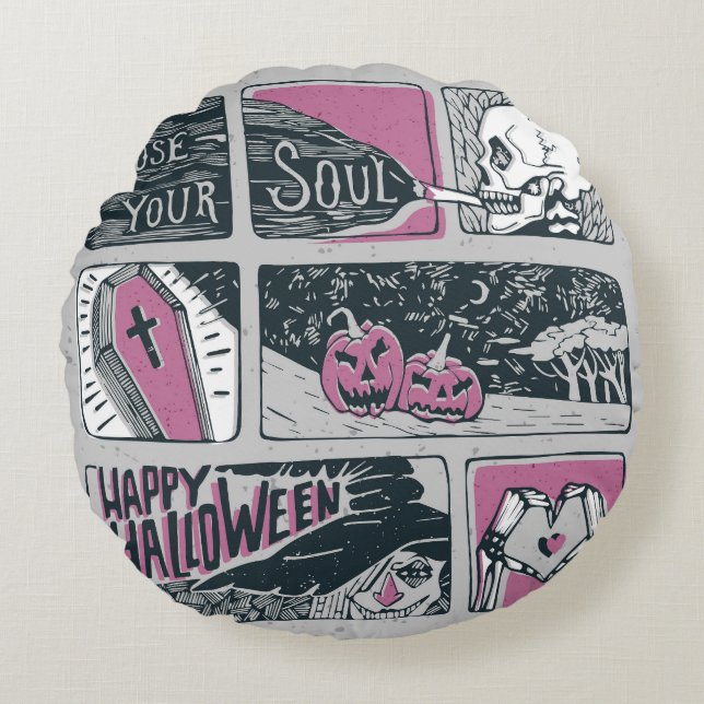 Comic Halloween: Fun Illustration Round Cushion (Front)