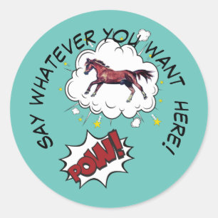 comic horse pow  classic round sticker