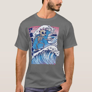Comic Japanese Skeleton Surfing On Wave In Ocean  T-Shirt