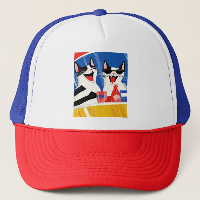 Comic Joyful Perfect Cat Duo Enjoying Summer Vibes Trucker Hat (Front)