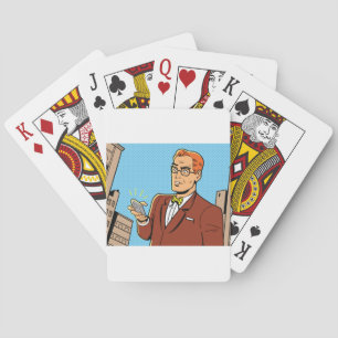 Comic Man With A Cellphone Playing Cards