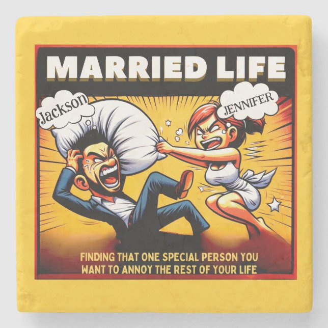 Comic Married Life , Customizable Names  Stone Coaster (Front)