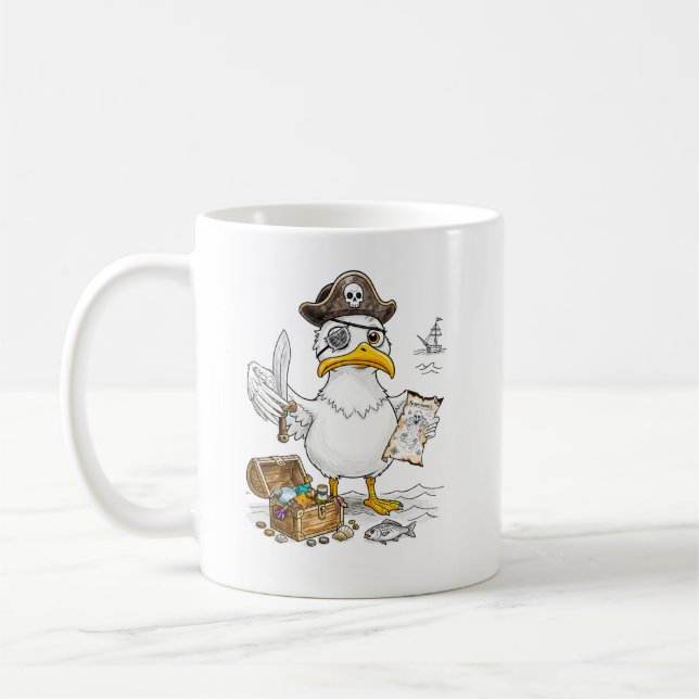 Comic Pirate Bird Treasure Hunt Coffee Mug (Left)