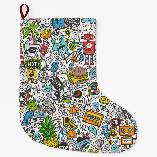Comic Pop art Doodle Large Christmas Stocking (Front)