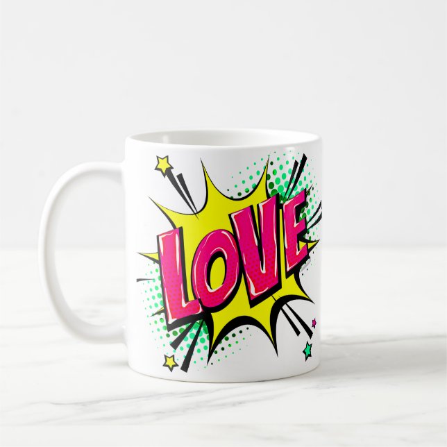 Comic Pop Art Purple Yellow LOVE Novelty Funny Coffee Mug (Left)