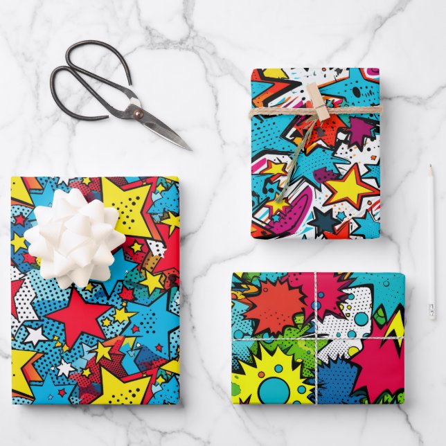 Comic Pop Art Style Stars Colourful Pattern Gift Wrapping Paper Sheet (Front)