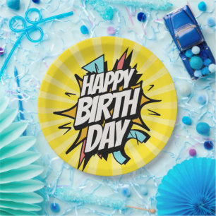 Comic Retro Happy Birthday! Paper Plate