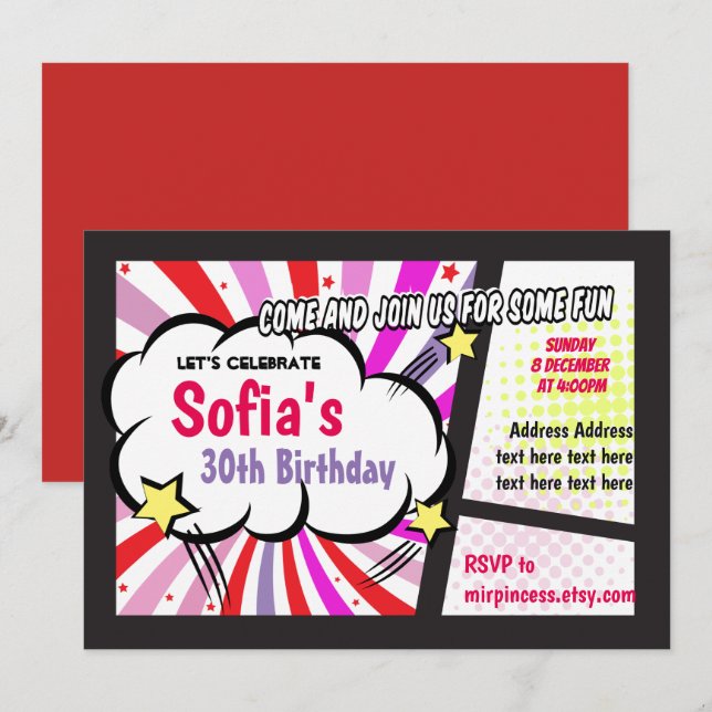 comic, retro, pop art, Superhero  birthday invite (Front/Back)