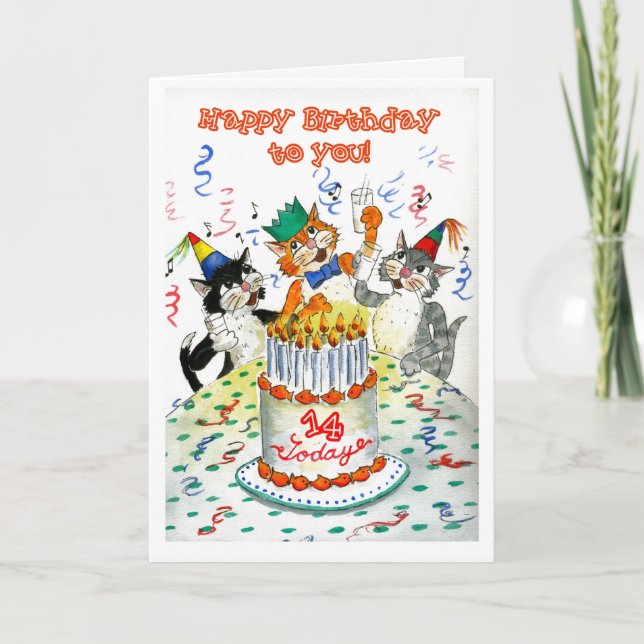Comic Singing Cats Age-specific 14th Birthday Card (Front)