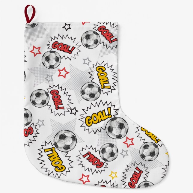 Comic Soccer Goal Pattern – Retro Sports Large Christmas Stocking (Front)