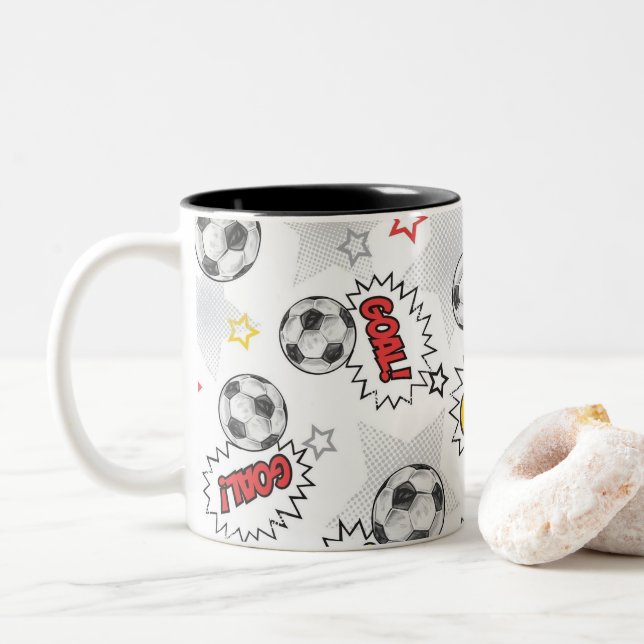 Comic Soccer Goal Pattern – Retro Sports Two-Tone Coffee Mug (With Donut)