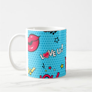 Comic speech bubbles and female lips with differen coffee mug