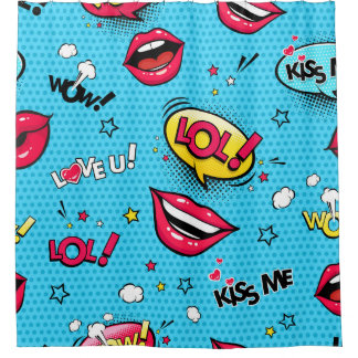 Comic speech bubbles and female lips with differen shower curtain