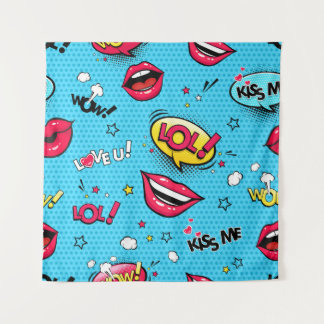 Comic speech bubbles and female lips with differen tapestry