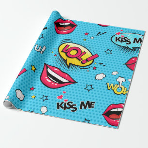 Comic speech bubbles and female lips with differen wrapping paper