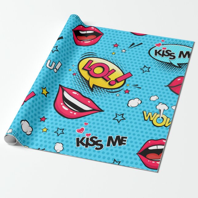 Comic speech bubbles and female lips with differen wrapping paper (Unrolled)