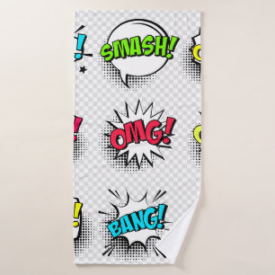 Comic speech bubbles with halftone shadow and text bath towel