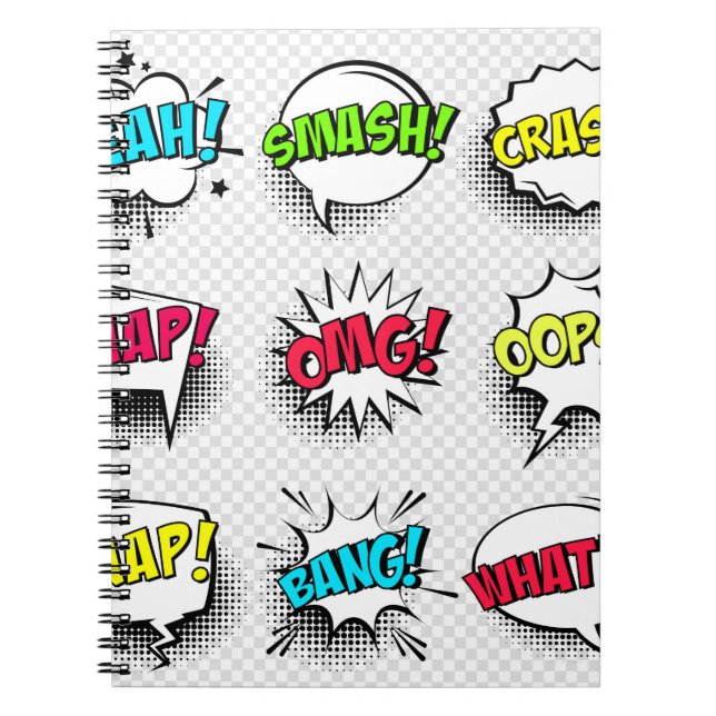 Comic speech bubbles with halftone shadow and text notebook (Front)