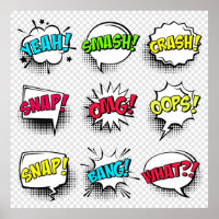 Comic speech bubbles with halftone shadow and text