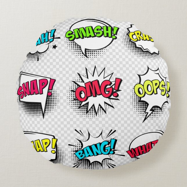 Comic speech bubbles with halftone shadow and text round cushion (Front)