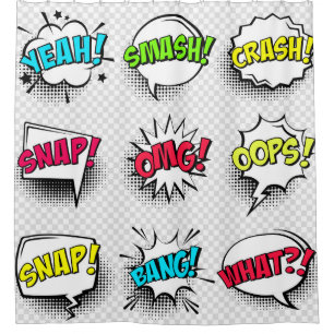 Comic speech bubbles with halftone shadow and text shower curtain