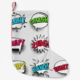 Comic speech bubbles with halftone shadow and text small christmas stocking
