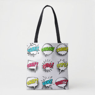 Comic speech bubbles with halftone shadow and text tote bag