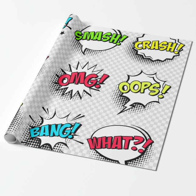 Comic speech bubbles with halftone shadow and text wrapping paper (Unrolled)