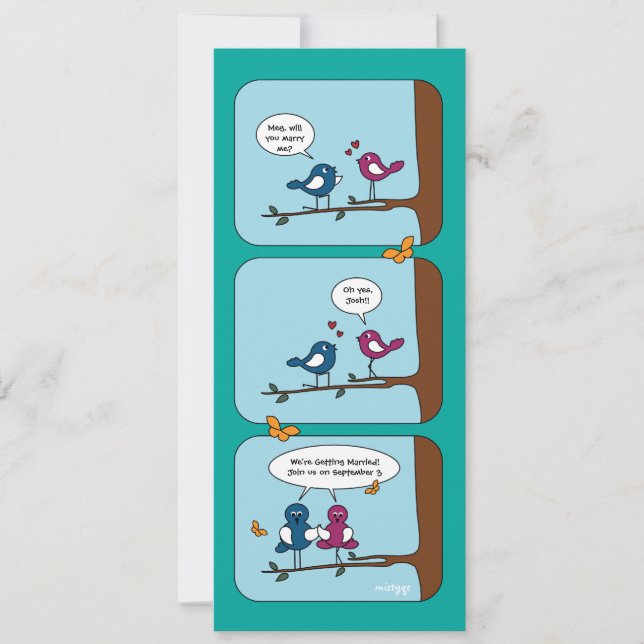 Comic Strip Love Birds Save the Date Wedding Card (Front)