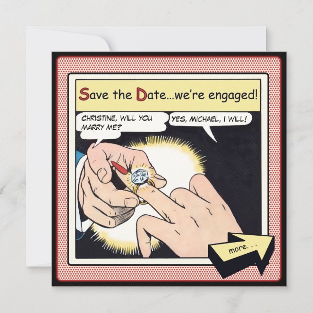 Comic Style Bling Ring Save the Date Red (Front)