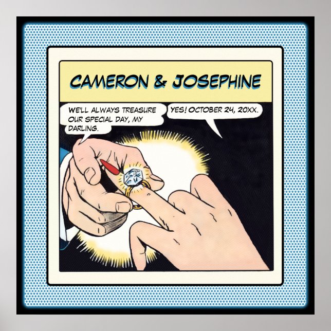 Comic Style Bling Ring Wedding Blue Dots Poster (Front)