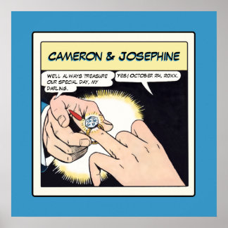 Comic Style Bling Ring Wedding Blue Poster