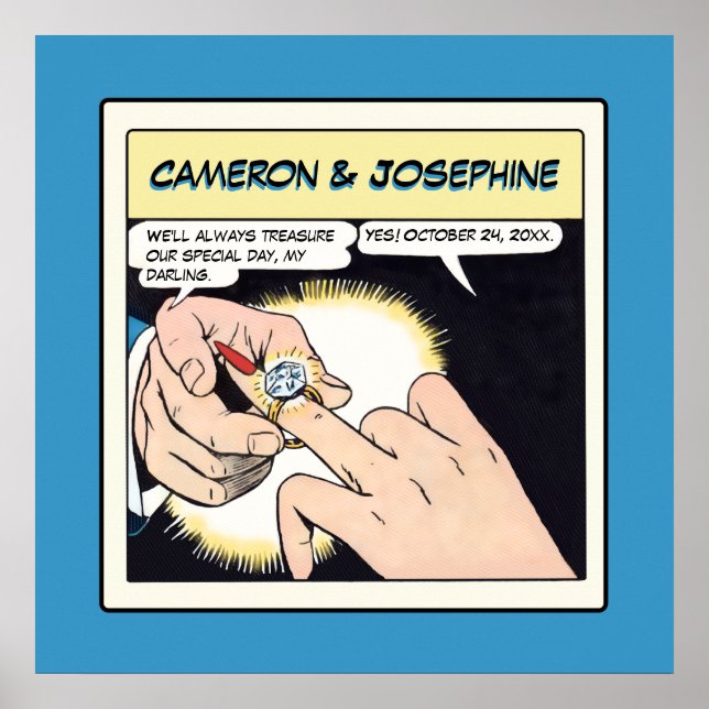 Comic Style Bling Ring Wedding Blue Poster (Front)