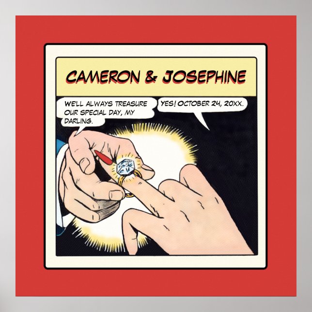 Comic Style Bling Ring Wedding Red Poster (Front)