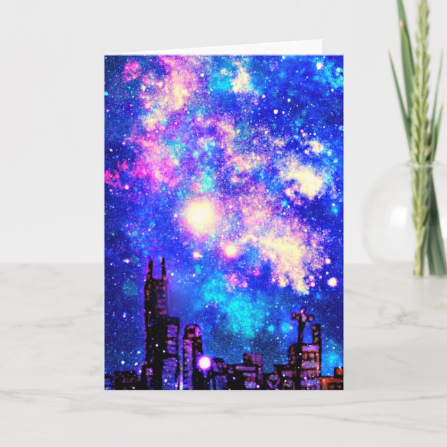 Comic Style City Skyline & Milky Way Night Sky Card (Front)